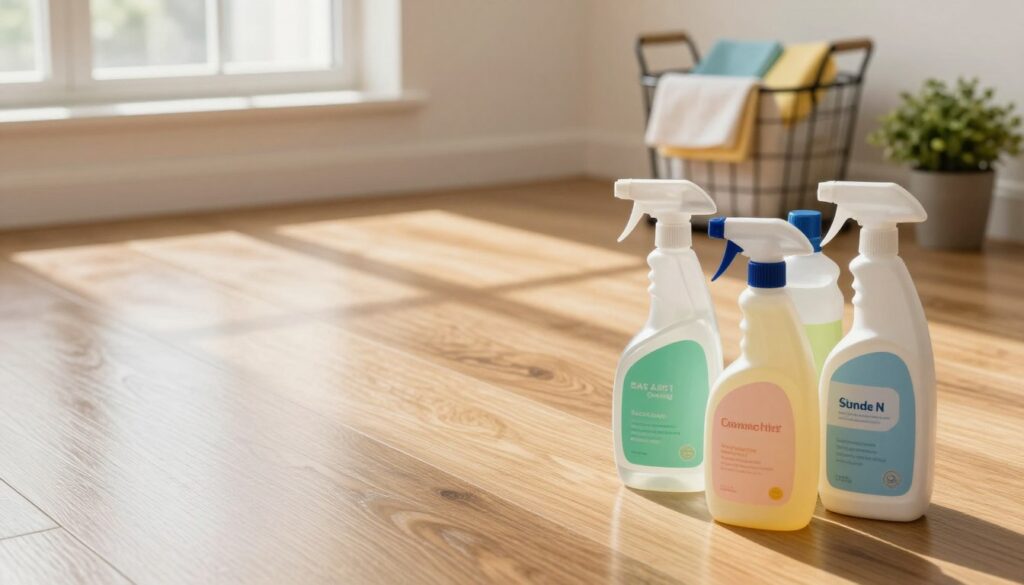 A beautifully arranged scene showcasing safe cleaning products for laminate flooring. In the foreground, a variety of eco-friendly cleaning solutions in elegant spray bottles, labeled with soft pastel colors, standing on a pristine wooden surface. In the middle ground, a sparkling laminate floor reflects natural light filtering in from a nearby window, enhancing the cleanliness and shine. Soft, warm lighting creates a cozy atmosphere, emphasizing the safety and effectiveness of the products. In the background, a neatly organized cleaning caddy with microfiber cloths and a small potted plant adds a touch of homey charm. The overall mood is fresh and inviting, ideal for showcasing cleaning solutions that ensure the protection of laminate surfaces.