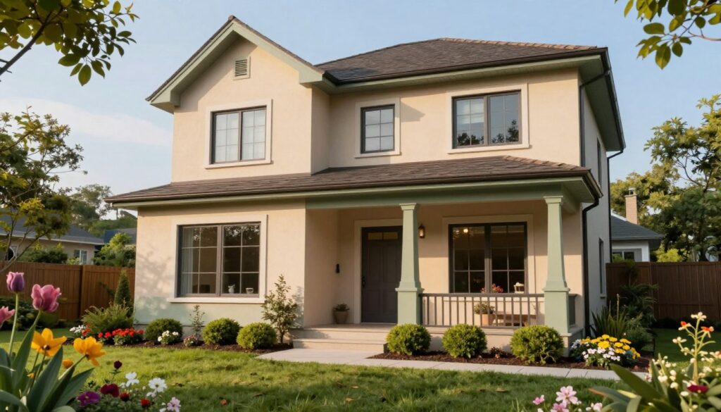 A beautifully painted house exterior, showcasing a harmonious color palette that blends with its surroundings. In the foreground, vibrant flowers and well-manicured shrubs frame the front of the house. The house is a modern two-story structure with large windows and a welcoming porch, painted in soft earthy tones, such as warm beige and sage green. In the middle, a gentle gradient of light illuminates the house, highlighting its textures and creating a cozy atmosphere. The background features a serene garden with trees and a clear blue sky, suggesting a bright, sunny day. The perspective is slightly elevated, capturing the façade and garden, with soft shadows adding depth and realism.