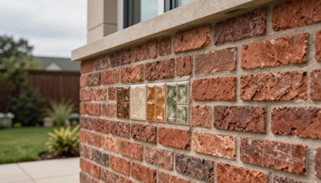 A beautifully textured wall showcasing classic facade materials, featuring an arrangement of warm, rustic red bricks interspersed with elegant, glossy ceramic tiles in shades of earth tones. In the foreground, focus on the intricate craftsmanship of the brickwork and tiles, highlighting the unique patterns and colors. The middle ground presents a beautifully landscaped garden with subtle greenery that complements the earthy tones of the materials. The background captures a soft, overcast sky, allowing for even, diffused lighting that enhances the details of the wall surface. The scene conveys a sense of timeless elegance and durability, perfect for a modern exterior design. The composition should be framed to capture both the materials and the serene atmosphere of the home environment, emphasizing their classic beauty. A beautifully textured wall showcasing classic facade materials, featuring an arrangement of warm, rustic red bricks interspersed with elegant, glossy ceramic tiles in shades of earth tones. In the foreground, focus on the intricate craftsmanship of the brickwork and tiles, highlighting the unique patterns and colors. The middle ground presents a beautifully landscaped garden with subtle greenery that complements the earthy tones of the materials. The background captures a soft, overcast sky, allowing for even, diffused lighting that enhances the details of the wall surface. The scene conveys a sense of timeless elegance and durability, perfect for a modern exterior design. The composition should be framed to capture both the materials and the serene atmosphere of the home environment, emphasizing their classic beauty.