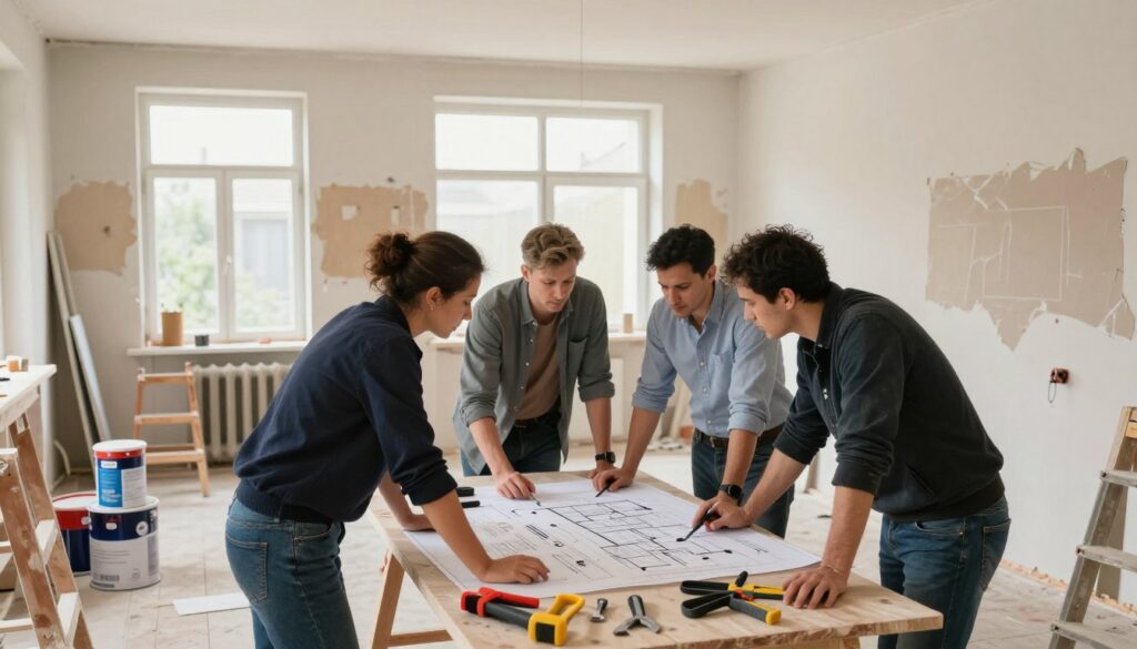 A behind-the-scenes view of a home renovation project inspired by "Szelągowska," capturing the essence of transformation. In the foreground, a team of professionals in business casual attire discusses plans over blueprints on a large table cluttered with tools and materials. The middle ground reveals the ongoing renovation with partially stripped walls, paint cans, and construction materials. In the background, a bright, airy room showcases large windows letting in natural light, highlighting the contrast between the old decor and the new designs being implemented. The atmosphere is dynamic and industrious, emphasizing teamwork and creativity in the renovation process. Soft lighting enhances the warm tones of the scene. Contact and wide-angle perspectives draw viewers into the action.