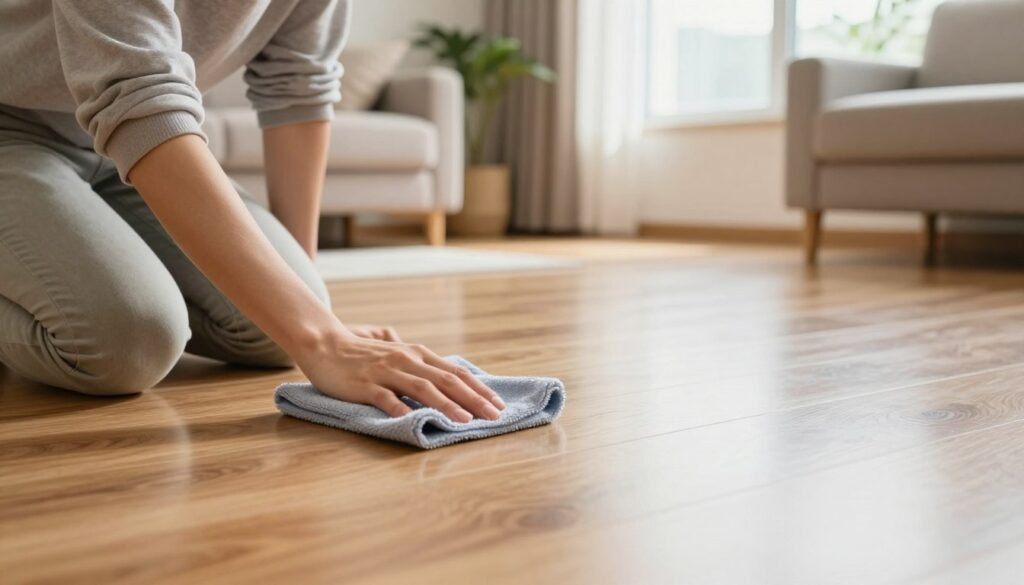 A bright and airy living room with polished laminate flooring, showcasing a person in modest casual clothing gently cleaning the floor with a soft, microfiber cloth. The foreground features the person kneeling down, demonstrating careful cleaning techniques. In the middle, you can see the shiny, dust-free floor, reflecting the natural light coming from large windows adorned with light curtains. The background includes a cozy couch and potted plants, enhancing the homey atmosphere. The lighting is warm and inviting, creating a sense of cleanliness and freshness. Aim for a shallow depth of field to focus on the cleaning action while softly blurring the background elements, conveying a peaceful and efficient cleaning environment.