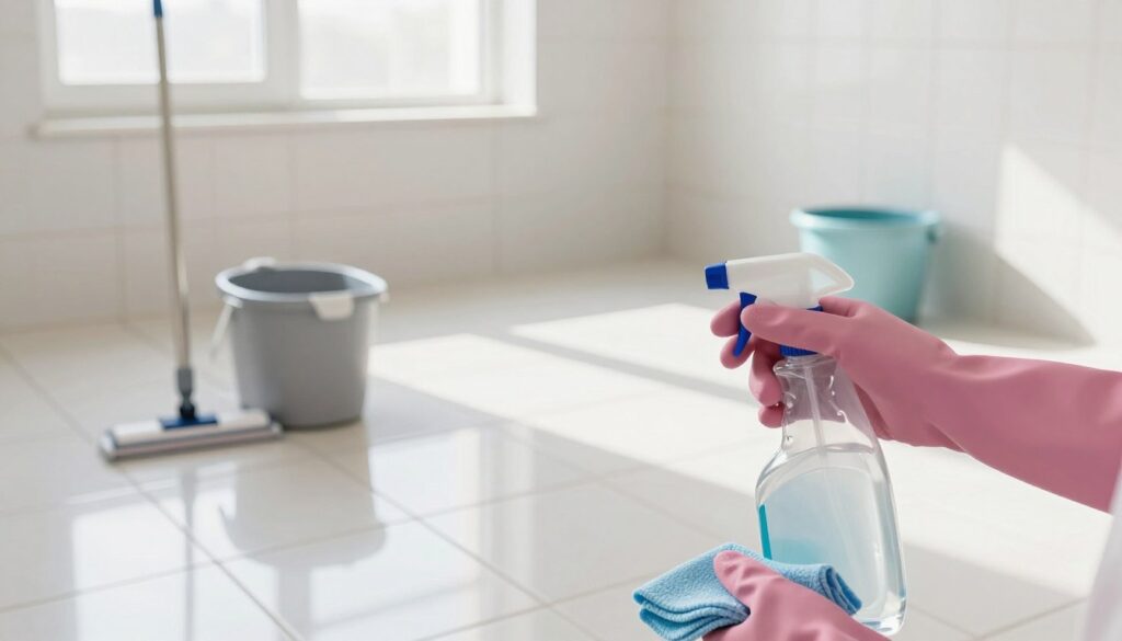 A bright and organized cleaning space showcasing a tiled room preparing for safe cleaning. In the foreground, a pair of gloved hands holding a spray bottle of cleaning solution and a soft cloth, with a gentle glimmer reflecting on the tiles. The middle ground features gleaming ceramic tiles, with a modern mop and bucket positioned neatly to the side. In the background, natural light streams through a window, illuminating the clean lines of the room and casting soft shadows. The atmosphere is one of cleanliness and readiness, emphasizing safety and organization. The composition captures a wide-angle view, focusing on the calming colors of whites and pastels, suggesting a fresh start and meticulous preparation. A bright and organized cleaning space showcasing a tiled room preparing for safe cleaning. In the foreground, a pair of gloved hands holding a spray bottle of cleaning solution and a soft cloth, with a gentle glimmer reflecting on the tiles. The middle ground features gleaming ceramic tiles, with a modern mop and bucket positioned neatly to the side. In the background, natural light streams through a window, illuminating the clean lines of the room and casting soft shadows. The atmosphere is one of cleanliness and readiness, emphasizing safety and organization. The composition captures a wide-angle view, focusing on the calming colors of whites and pastels, suggesting a fresh start and meticulous preparation.