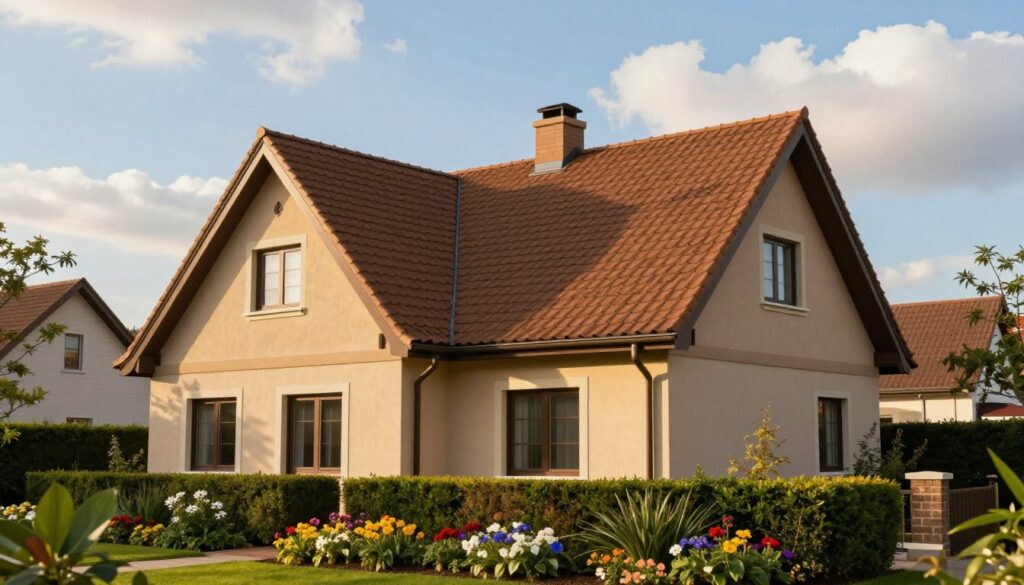 A charming residential building with a warm brown roof is set in a serene suburban environment. In the foreground, a well-manicured garden features vibrant flowers and neatly trimmed hedges that complement the earthy tones of the brown roof. The middle section showcases a façade painted in soft beige, aligning harmoniously with the brown hues, while subtle accents in cream highlight architectural details. The background includes a clear blue sky with soft, fluffy clouds, enhancing the overall brightness of the scene. The lighting is warm and inviting, reminiscent of late afternoon sun. The perspective captures the house at a slightly angled view, showcasing both the roof and the elegant exterior. The mood is tranquil, illustrating beautiful color combinations and principles for pairing with a brown roof. A charming residential building with a warm brown roof is set in a serene suburban environment. In the foreground, a well-manicured garden features vibrant flowers and neatly trimmed hedges that complement the earthy tones of the brown roof. The middle section showcases a façade painted in soft beige, aligning harmoniously with the brown hues, while subtle accents in cream highlight architectural details. The background includes a clear blue sky with soft, fluffy clouds, enhancing the overall brightness of the scene. The lighting is warm and inviting, reminiscent of late afternoon sun. The perspective captures the house at a slightly angled view, showcasing both the roof and the elegant exterior. The mood is tranquil, illustrating beautiful color combinations and principles for pairing with a brown roof.