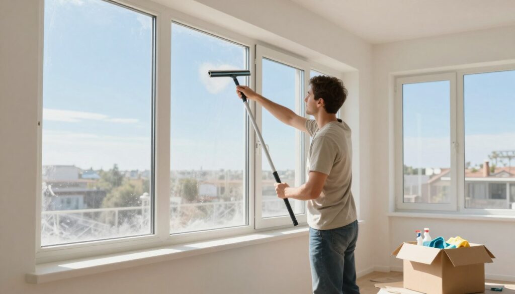 A clean, bright interior of a recently renovated room with large windows showcasing a clear blue sky. In the foreground, a professional cleaner in modest casual clothing is diligently removing protective film and construction dust from the window panes using a squeegee. The middle ground features partially opened boxes containing cleaning supplies and rags, illustrating a thorough cleaning process. In the background, light streams in through the windows, enhancing the freshness of the room. The atmosphere is one of productivity and renewal, with soft natural light creating a warm, inviting feel. Emphasize clarity and cleanliness, capturing the essence of getting rid of debris and preparing the space for use.