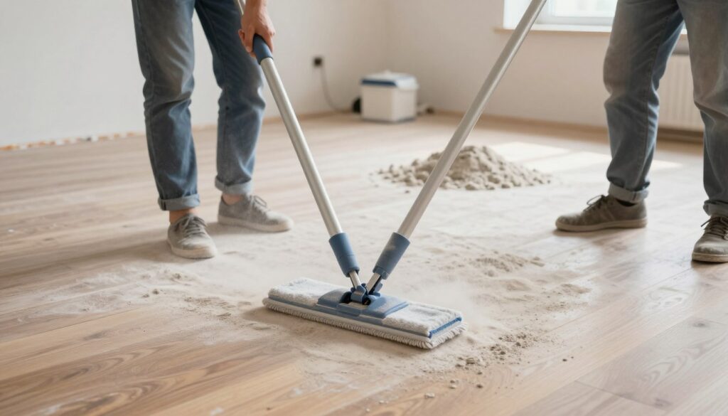 A clean, freshly renovated room with a wooden floor covered in fine construction dust, illustrating the process of dry dust removal. In the foreground, a person in professional attire using a high-quality microfiber dust mop to effectively collect dust from the floor. The middle ground features piles of dust being swept away, showcasing the contrast between a clean section and dusty areas. In the background, partially painted walls and renovation tools hint at a recent remodeling project, while soft, natural light streams in through a window, creating an inviting atmosphere. The camera angle is slightly above eye level, emphasizing the action and the clean-up effort, capturing a sense of diligence and attention to detail.