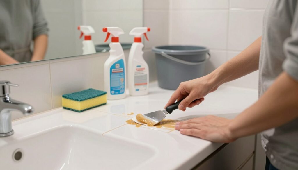 A clean, well-lit bathroom scene where a person in modest casual clothes is diligently removing adhesive and silicone from ceramic tiles. The foreground shows the individual using a scraper tool, focusing on a specific section of a glossy tile, with remnants of glue and silicone visible. In the middle, there are various cleaning supplies, such as bottles of adhesive remover, sponges, and a bucket. The background features partially tiled walls and a mirror reflecting the scene, enhancing the cleanliness and order of the space. Soft, diffused lighting highlights the shiny surface of the tiles, creating a serene atmosphere that emphasizes attention to detail and cleanliness. The image conveys professionalism and diligence in post-renovation tile care. A clean, well-lit bathroom scene where a person in modest casual clothes is diligently removing adhesive and silicone from ceramic tiles. The foreground shows the individual using a scraper tool, focusing on a specific section of a glossy tile, with remnants of glue and silicone visible. In the middle, there are various cleaning supplies, such as bottles of adhesive remover, sponges, and a bucket. The background features partially tiled walls and a mirror reflecting the scene, enhancing the cleanliness and order of the space. Soft, diffused lighting highlights the shiny surface of the tiles, creating a serene atmosphere that emphasizes attention to detail and cleanliness. The image conveys professionalism and diligence in post-renovation tile care.