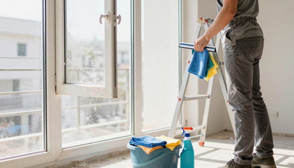 A clean, well-lit interior scene showcasing an individual preparing to wash windows after a renovation. The foreground features a person in modest casual clothing, standing next to a ladder with various cleaning supplies, such as a bucket, squeegee, and microfiber cloths neatly arranged. In the middle ground, partially open window frames reveal remnants of paint splatters and dust, accentuating the need for cleaning. The background includes a bright, sunlit room with light-colored walls and an unfinished atmosphere, emphasizing the post-renovation setting. Natural light streams in, creating soft shadows and highlights that enhance the cleanliness and anticipation of the task. The mood is focused and professional, capturing the essence of preparation for cleaning. A clean, well-lit interior scene showcasing an individual preparing to wash windows after a renovation. The foreground features a person in modest casual clothing, standing next to a ladder with various cleaning supplies, such as a bucket, squeegee, and microfiber cloths neatly arranged. In the middle ground, partially open window frames reveal remnants of paint splatters and dust, accentuating the need for cleaning. The background includes a bright, sunlit room with light-colored walls and an unfinished atmosphere, emphasizing the post-renovation setting. Natural light streams in, creating soft shadows and highlights that enhance the cleanliness and anticipation of the task. The mood is focused and professional, capturing the essence of preparation for cleaning.