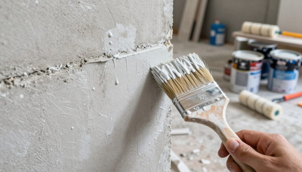 A close-up scene depicting common mistakes made while painting concrete surfaces. In the foreground, a hand holds a paintbrush with drips of paint, showcasing uneven strokes and splatters on a partially painted concrete wall. In the middle ground, a poorly taped edge reveals paint bleeding onto adjacent areas, while another section shows patches of unpainted areas. The background features a cluttered workspace with paint cans, rollers, and tools scattered about. The lighting is bright and natural, highlighting the imperfections in the paintwork, creating a realistic atmosphere of a practical DIY project. The mood is instructional yet slightly chaotic, emphasizing the learning process through visual error demonstration.