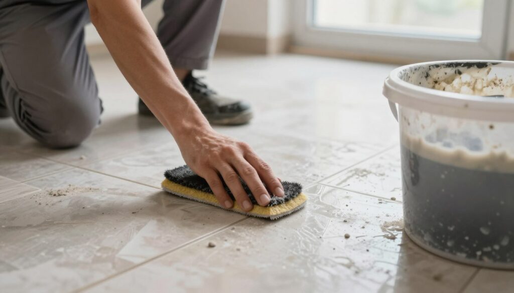 A close-up scene of a tiled floor being improperly cleaned after a renovation. In the foreground, a person wearing a modest, professional outfit is using the wrong cleaning tools, like a rough scrubbing pad that can scratch the tiles, and a bucket with a cloudy, dirty solution. The middle background features dust and leftover grout on the tiles, highlighting the aftermath of poor cleaning practices. Soft, natural lighting spills in from a nearby window, casting gentle shadows. The atmosphere is one of frustration, with an emphasis on the mistakes being made during the cleaning process. The tiles are glossy yet marred by traces of grime, emphasizing the need for effective cleaning techniques. A close-up scene of a tiled floor being improperly cleaned after a renovation. In the foreground, a person wearing a modest, professional outfit is using the wrong cleaning tools, like a rough scrubbing pad that can scratch the tiles, and a bucket with a cloudy, dirty solution. The middle background features dust and leftover grout on the tiles, highlighting the aftermath of poor cleaning practices. Soft, natural lighting spills in from a nearby window, casting gentle shadows. The atmosphere is one of frustration, with an emphasis on the mistakes being made during the cleaning process. The tiles are glossy yet marred by traces of grime, emphasizing the need for effective cleaning techniques.