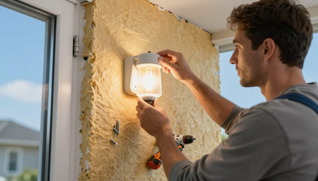 A close-up shot of a skilled professional in modest casual clothing installing a lamp on a newly insulated wall. The foreground features the installer carefully aligning the lamp fixture, with tools like a drill and screws visible nearby. In the middle ground, the warm glow of the lamp contrasts with the textured surface of the insulated exterior wall, showcasing both the insulation material and the lamp's design. In the background, a clear blue sky creates an inviting atmosphere, hinting at a well-maintained residential area. Soft, natural lighting enhances the scene, emphasizing the meticulousness of the installation process and creating a focused, professional mood. A close-up shot of a skilled professional in modest casual clothing installing a lamp on a newly insulated wall. The foreground features the installer carefully aligning the lamp fixture, with tools like a drill and screws visible nearby. In the middle ground, the warm glow of the lamp contrasts with the textured surface of the insulated exterior wall, showcasing both the insulation material and the lamp's design. In the background, a clear blue sky creates an inviting atmosphere, hinting at a well-maintained residential area. Soft, natural lighting enhances the scene, emphasizing the meticulousness of the installation process and creating a focused, professional mood.