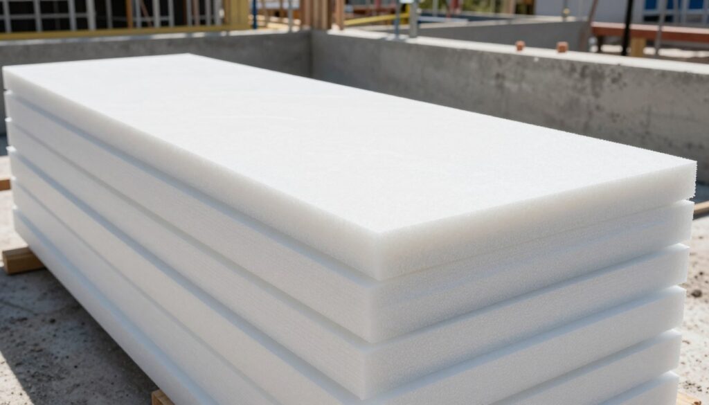 A close-up view of Styropian EPS 200 insulation panels stacked neatly in a construction setting, showcasing their smooth, white texture. In the foreground, a few panels are displayed at an angle, allowing for a clear view of the edges. The middle ground features partially constructed concrete foundations, where the EPS panels are being installed. The background includes a sunny construction site with blue skies, scaffolding, and tools, conveying an active work atmosphere. The lighting is bright and natural, enhancing the panels' clarity. The image should evoke a sense of innovation and practicality, ideal for thermal insulation solutions in foundation construction. A close-up view of Styropian EPS 200 insulation panels stacked neatly in a construction setting, showcasing their smooth, white texture. In the foreground, a few panels are displayed at an angle, allowing for a clear view of the edges. The middle ground features partially constructed concrete foundations, where the EPS panels are being installed. The background includes a sunny construction site with blue skies, scaffolding, and tools, conveying an active work atmosphere. The lighting is bright and natural, enhancing the panels' clarity. The image should evoke a sense of innovation and practicality, ideal for thermal insulation solutions in foundation construction.