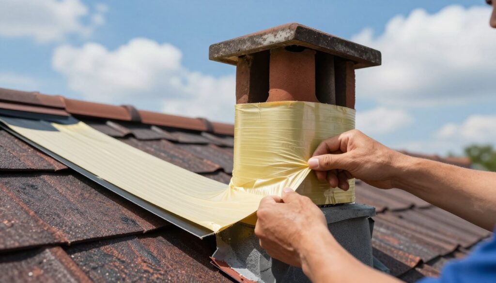 A close-up view of a chimney being sealed with high-quality tape on the rooftop. In the foreground, hands expertly applying the tape to the junction between the chimney and the roof, ensuring a watertight seal. The middle layer shows a sloped roof with diverse materials, showcasing a clear distinction between different roofing types like shingles and tiles. The background features a bright blue sky with soft, fluffy clouds, creating a positive and constructive atmosphere. The scene is illuminated by natural sunlight, emphasizing the texture of the tape and the materials used in the roofing. Overall, the image should convey a sense of professionalism and attention to detail in chimney sealing techniques.