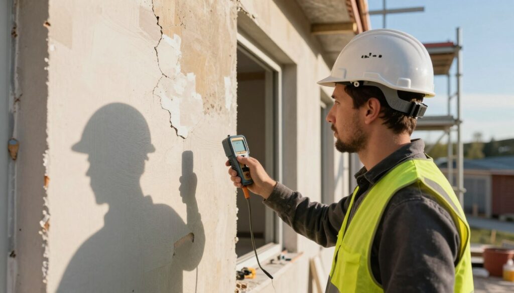 A close-up view of a construction worker assessing the condition of a building's facade, dressed in a safety helmet and reflective vest. The foreground shows the worker holding a moisture meter, inspecting the wall for damage and cracks. In the middle, a partially stripped wall is visible, with patches of different textures and colors, indicating areas needing repair. The background features scaffolding and tools scattered around, under a clear blue sky. The warm afternoon sunlight casts gentle shadows, enhancing the textures of the surface. The overall mood is focused and industrious, reflecting the preparation stage for painting the exterior.