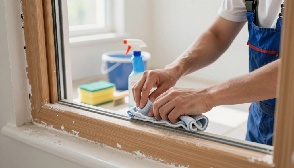 A close-up view of a person in professional attire, carefully cleaning window frames after a renovation. The foreground features detailed textures of wooden frames, highlighting dust and paint splatter. The individual is using a cloth and cleaning solution, showing focus and diligence. In the middle ground, you can see sponges, brushes, and a bucket, creating an organized cleaning setup. The background is softly blurred, featuring a freshly painted room with light streaming in through the windows, illuminating the scene. The overall mood is industrious and tidy, with bright, natural lighting accentuating the cleanliness and pre-renovation struggles. The image should evoke a sense of accomplishment and clarity, showcasing the necessary steps in post-renovation cleaning. A close-up view of a person in professional attire, carefully cleaning window frames after a renovation. The foreground features detailed textures of wooden frames, highlighting dust and paint splatter. The individual is using a cloth and cleaning solution, showing focus and diligence. In the middle ground, you can see sponges, brushes, and a bucket, creating an organized cleaning setup. The background is softly blurred, featuring a freshly painted room with light streaming in through the windows, illuminating the scene. The overall mood is industrious and tidy, with bright, natural lighting accentuating the cleanliness and pre-renovation struggles. The image should evoke a sense of accomplishment and clarity, showcasing the necessary steps in post-renovation cleaning.
