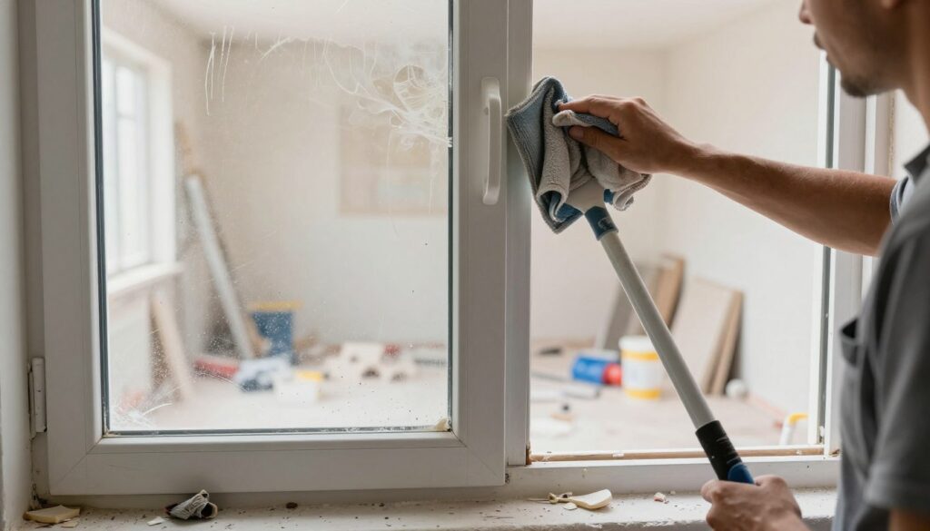 A close-up view of a window being cleaned after a renovation, focusing on a professional in modest casual clothing, diligently removing glue, paint, and plaster residue from the glass with a scraper and cloth. In the foreground, show a small pile of removed debris on the window sill. The middle ground features the partially cleaned glass with streaks and splatters of materials. In the background, a softly lit, newly renovated room showcases partially painted walls and tools scattered about, conveying a sense of post-remodeling chaos. The lighting is bright and even, illuminating the cleaning process, creating a focused, industrious atmosphere.