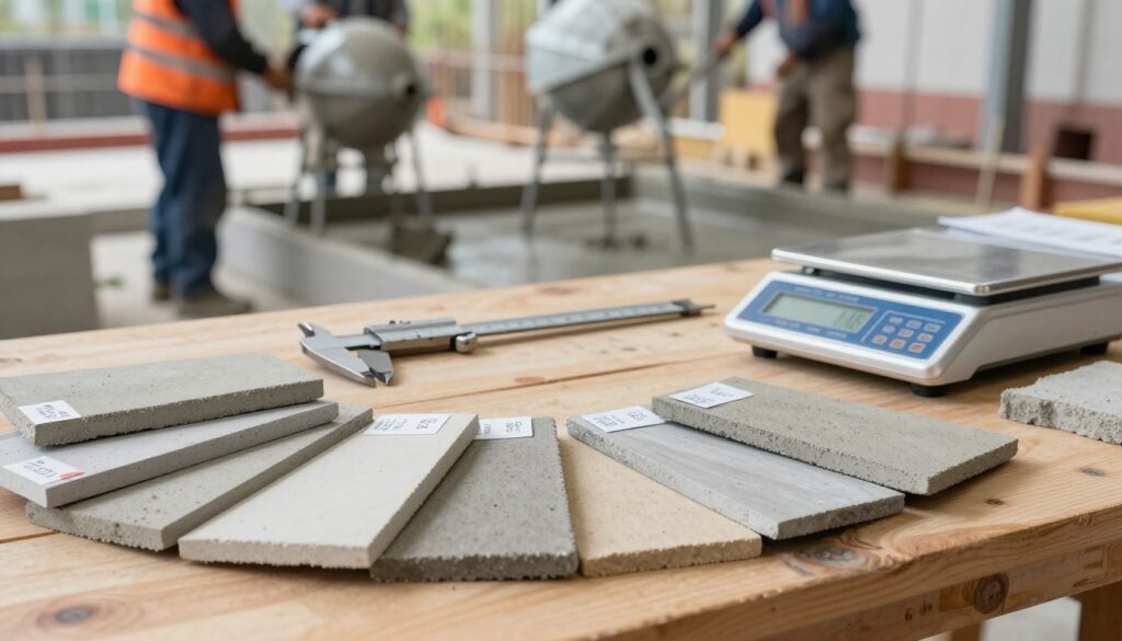 A close-up view of various construction materials relevant to concrete pricing, displayed on a wooden workbench. In the foreground, a pile of different concrete samples showcasing varying colors and textures, labeled with invisible tags. The middle ground features measuring tools like calipers and a digital scale, emphasizing precision in concrete costs. In the background, a blurred image of a construction site with workers in professional attire using concrete mixers and placing fresh concrete, illustrating the real-world application. The scene is illuminated by soft, natural light, creating an informative yet engaging atmosphere, with a slight depth of field to draw focus on the materials and tools, symbolizing the factors influencing concrete prices per cubic meter. A close-up view of various construction materials relevant to concrete pricing, displayed on a wooden workbench. In the foreground, a pile of different concrete samples showcasing varying colors and textures, labeled with invisible tags. The middle ground features measuring tools like calipers and a digital scale, emphasizing precision in concrete costs. In the background, a blurred image of a construction site with workers in professional attire using concrete mixers and placing fresh concrete, illustrating the real-world application. The scene is illuminated by soft, natural light, creating an informative yet engaging atmosphere, with a slight depth of field to draw focus on the materials and tools, symbolizing the factors influencing concrete prices per cubic meter.