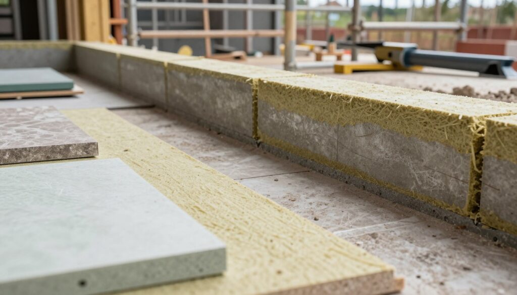 A close-up view of various insulation materials specifically designed for building plinths. In the foreground, display a selection of environmentally friendly insulating panels and waterproof membranes, showcasing their textures and colors. In the middle ground, show partially assembled sections of a plinth with these materials being installed, emphasizing the craftsmanship. The background reveals an outdoor setting of a construction site with scaffolding and tools, under natural daylight that enhances the clarity of the materials. Capture the image from a low angle to highlight the depth and layering of the installation process, evoking a sense of professionalism and attention to detail in building durable foundations. The overall mood should be informative and industrious, inviting the viewer to learn more about proper construction techniques.