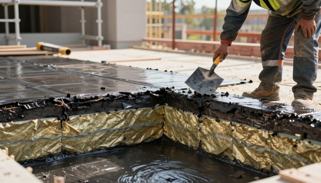 A construction scene illustrating horizontal foundation insulation against moisture, highlighting a cross-section of a building’s foundation. In the foreground, a detailed view of a worker applying a waterproofing membrane to the foundation, dressed in safety gear and using a trowel. The middle layer shows the foundation with visible protective layers, including bitumen and insulation material, showcasing their textures. In the background, scaffolding and construction tools hint at an active building site, with natural sunlight casting warm, soft shadows, creating a professional and focused atmosphere. The image should have a clear foreground, a purposeful middle ground, and a slightly blurred background to emphasize the main action of insulation application. A construction scene illustrating horizontal foundation insulation against moisture, highlighting a cross-section of a building’s foundation. In the foreground, a detailed view of a worker applying a waterproofing membrane to the foundation, dressed in safety gear and using a trowel. The middle layer shows the foundation with visible protective layers, including bitumen and insulation material, showcasing their textures. In the background, scaffolding and construction tools hint at an active building site, with natural sunlight casting warm, soft shadows, creating a professional and focused atmosphere. The image should have a clear foreground, a purposeful middle ground, and a slightly blurred background to emphasize the main action of insulation application.