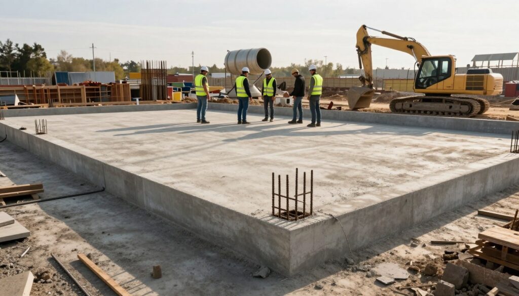 A construction site featuring a concrete foundation base, specifically focusing on foundation strips (koszt ław fundamentowych). In the foreground, display freshly poured concrete foundation strips with appropriate reinforcement bars exposed, illustrating material costs. In the middle ground, include workers in professional safety gear, such as hard hats and reflective vests, measuring and inspecting the foundation layout. The background should feature heavy machinery like excavators and concrete mixers, showcasing the ongoing construction process. Soft afternoon sunlight bathes the scene, casting elongated shadows and creating a warm atmosphere. Use a wide-angle lens perspective to capture the spatial dynamics of the site, emphasizing the scale and importance of the foundation work. No text or overlays should be present.