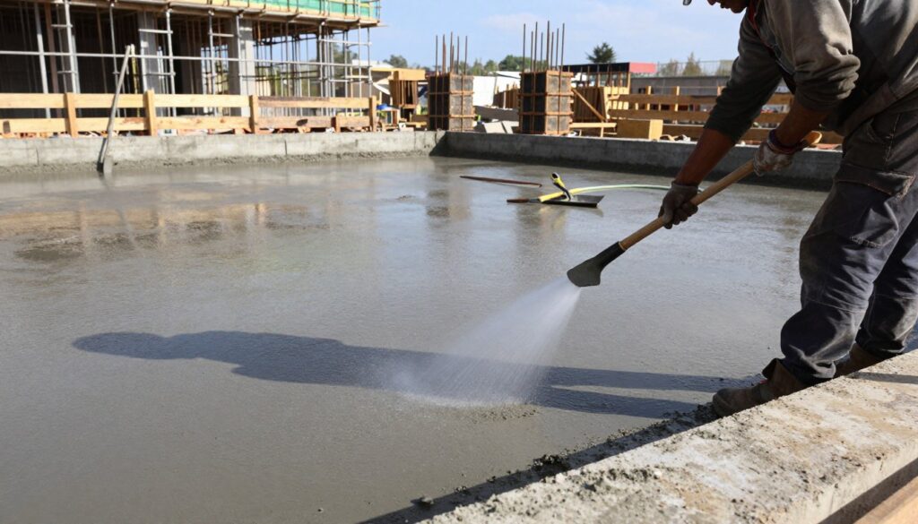 A construction site featuring freshly poured concrete foundations, showcasing the process of concrete curing. In the foreground, a skilled worker in professional attire is gently spraying water onto the surface of the wet concrete to maintain moisture. Midground elements include wooden forms outlining the foundation and tools like trowels and hoses positioned neatly. In the background, scaffolding and a partially completed building structure rise against a clear blue sky, conveying a sense of progress. Soft, natural light illuminates the scene, casting mild shadows to enhance depth. The overall atmosphere is one of diligence and care, emphasizing the importance of proper concrete maintenance during the foundation curing process.