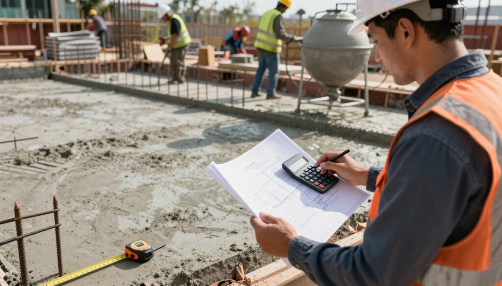 A construction site focusing on calculating the amount of concrete needed for a foundation slab. In the foreground, an architect in professional attire examines a detailed blueprint and uses a calculator, surrounded by construction tools like measuring tapes and a concrete mixer. The middle ground features an unfinished foundation slab with rebar laid out, and piles of concrete ready for mixing. The background includes construction workers in hard hats and safety vests toiling, as well as stacks of materials. Soft, natural sunlight illuminates the scene, casting shadows that create depth. The atmosphere is focused and industrious, conveying the precision and technicality involved in calculating concrete requirements for a foundation.