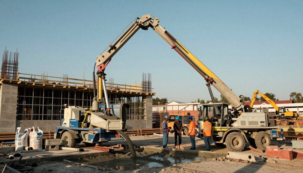 A construction site showcasing a concrete pump in action, with a focus on its large, mechanical arm extending over a foundation being poured. In the foreground, workers in professional attire operate the pump and oversee the concrete flow, demonstrating teamwork and efficiency. The middle ground features a partially constructed building, steel rebar visible, surrounded by construction materials like cement bags and tools. The background displays a clear blue sky and distant machinery, illustrating an active work environment. Use soft lighting to create a warm atmosphere, with shadows adding depth to the scene. The angle should be slightly elevated to capture both the machinery and the essence of the construction site. The overall mood is industrious and dynamic. A construction site showcasing a concrete pump in action, with a focus on its large, mechanical arm extending over a foundation being poured. In the foreground, workers in professional attire operate the pump and oversee the concrete flow, demonstrating teamwork and efficiency. The middle ground features a partially constructed building, steel rebar visible, surrounded by construction materials like cement bags and tools. The background displays a clear blue sky and distant machinery, illustrating an active work environment. Use soft lighting to create a warm atmosphere, with shadows adding depth to the scene. The angle should be slightly elevated to capture both the machinery and the essence of the construction site. The overall mood is industrious and dynamic.