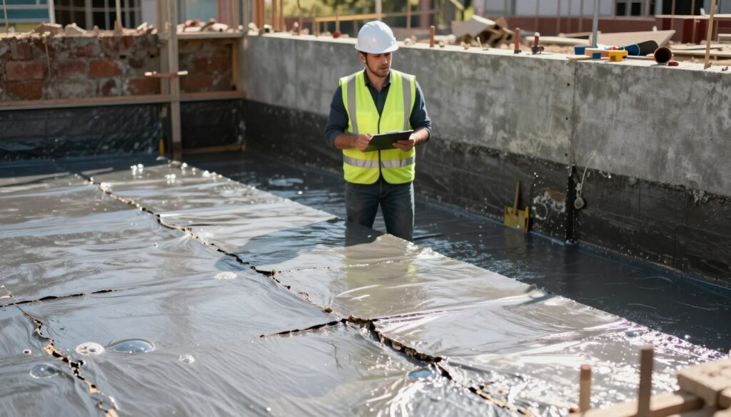 A construction site showcasing common mistakes in foundation waterproofing. In the foreground, a close-up view of improperly applied waterproofing material, such as cracks and bubbles in the membrane. In the middle ground, a contractor in a hard hat and safety vest, inspecting the foundation with a look of concern, while holding a clipboard. The background features a partially completed foundation wall, with water pooling at its base, and construction tools scattered around. The scene is under natural daylight to highlight the imperfections, with shadows cast dramatically to emphasize depth and texture. The mood is serious and educational, focusing on the importance of correct installation. A construction site showcasing common mistakes in foundation waterproofing. In the foreground, a close-up view of improperly applied waterproofing material, such as cracks and bubbles in the membrane. In the middle ground, a contractor in a hard hat and safety vest, inspecting the foundation with a look of concern, while holding a clipboard. The background features a partially completed foundation wall, with water pooling at its base, and construction tools scattered around. The scene is under natural daylight to highlight the imperfections, with shadows cast dramatically to emphasize depth and texture. The mood is serious and educational, focusing on the importance of correct installation.