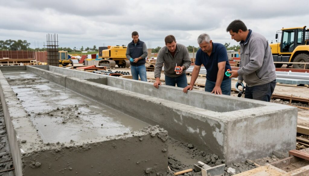 A construction site showcasing concrete foundation segments at different stages of curing. In the foreground, there are clearly defined sections of untreated, wet concrete next to partially hardened concrete. The middle ground features workers in professional attire observing and measuring the curing process with tools like a moisture meter and a thermometer, while discussing their findings. The background displays construction machinery and materials with a cloudy sky overhead, indicating fluctuating weather conditions, which influence curing time. Soft, diffused lighting illuminates the scene, highlighting the textures of the concrete and the focused expressions of the workers. The atmosphere is one of diligence and professionalism, emphasizing the importance of monitoring curing conditions for safe foundation work.