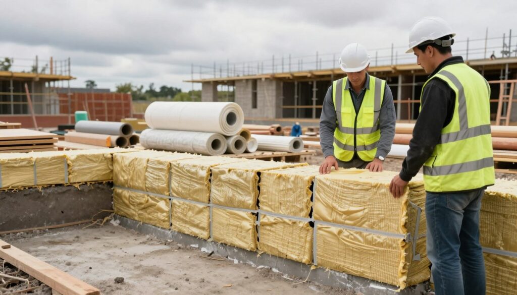A construction site showcasing the common mistakes made during foundation insulation. In the foreground, workers in professional business attire are examining the improperly installed insulation material against a foundation wall, highlighting gaps and poor sealing. The middle ground features various types of insulation materials scattered around, such as foam boards and spray foam, some rolled up or incorrectly positioned. In the background, a partially constructed building is visible, with a cloudy sky creating a slightly overcast atmosphere. The scene is illuminated by soft, diffused lighting, emphasizing the importance of proper insulation techniques. The overall mood conveys a sense of urgency and learning, focusing on the need to avoid common pitfalls in foundation insulation. A construction site showcasing the common mistakes made during foundation insulation. In the foreground, workers in professional business attire are examining the improperly installed insulation material against a foundation wall, highlighting gaps and poor sealing. The middle ground features various types of insulation materials scattered around, such as foam boards and spray foam, some rolled up or incorrectly positioned. In the background, a partially constructed building is visible, with a cloudy sky creating a slightly overcast atmosphere. The scene is illuminated by soft, diffused lighting, emphasizing the importance of proper insulation techniques. The overall mood conveys a sense of urgency and learning, focusing on the need to avoid common pitfalls in foundation insulation.
