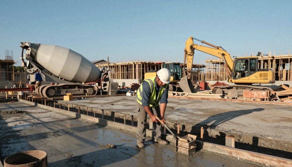A construction site showcasing the execution of a foundation slab. In the foreground, a skilled construction worker in a hard hat and safety vest is focused on pouring concrete into a formwork, surrounded by tools and equipment. The middle ground features large machinery, such as a concrete mixer and excavator, operating amidst scattered construction materials. The background reveals a partially built house frame under a clear blue sky, signaling the progress of the project. Soft, natural lighting emphasizes the activity, casting long shadows that add depth. The atmosphere is dynamic and industrious, conveying a sense of urgency and organization in the construction process. The shot is taken from a low angle, giving a dramatic perspective of the ongoing work.
