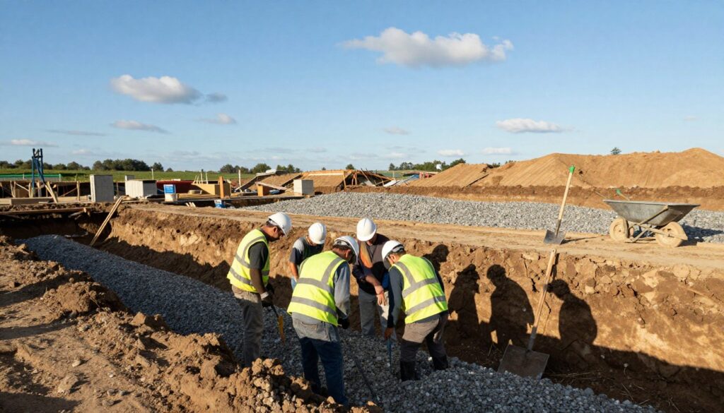 A construction site showcasing the preparation of foundations for backfilling. In the foreground, a team of workers in professional attire, wearing safety helmets and vests, carefully inspecting the trench filled with gravel and soil. The middle ground features freshly dug earth, showcasing distinct layers of soil and gravel, with tools such as shovels and a wheelbarrow nearby. In the background, a clear blue sky with a few scattered clouds complements the landscape. Soft sunlight casts natural shadows, creating a warm, productive atmosphere. The camera angle is slightly elevated, providing a comprehensive view of the site, emphasizing both the meticulous groundwork and the organized construction effort.