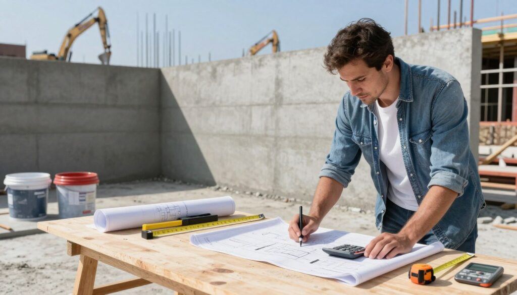 A construction site with a focus on calculating the amount of concrete needed for concrete walls. In the foreground, a professional, casually dressed engineer examines blueprints spread out on a large wooden table, using a calculator and a measuring tape. In the middle ground, concrete mix, buckets, and measuring tools are neatly arranged, along with a partially completed wall in a construction phase. The background shows a sunny, clear sky with construction machinery and scaffolding reflecting productivity. The lighting is bright, emphasizing details on the blueprints and tools. The atmosphere is focused and industrious, illustrating the process of measuring and calculating concrete volume. A construction site with a focus on calculating the amount of concrete needed for concrete walls. In the foreground, a professional, casually dressed engineer examines blueprints spread out on a large wooden table, using a calculator and a measuring tape. In the middle ground, concrete mix, buckets, and measuring tools are neatly arranged, along with a partially completed wall in a construction phase. The background shows a sunny, clear sky with construction machinery and scaffolding reflecting productivity. The lighting is bright, emphasizing details on the blueprints and tools. The atmosphere is focused and industrious, illustrating the process of measuring and calculating concrete volume.