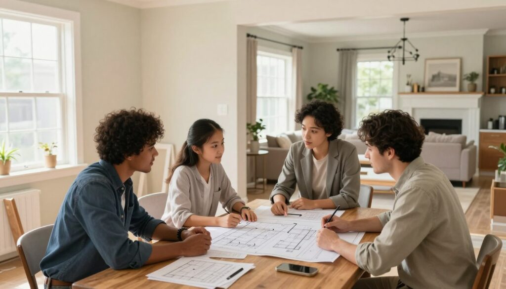 A cozy, well-lit home interior undergoing a renovation, focusing on a family working together to plan their total home makeover. In the foreground, a diverse group of three people discussing over design blueprints and financial documents on a large wooden table, dressed in professional business attire. In the middle, freshly painted walls and partially assembled furniture hint at a transformation. Bright natural light streams through large windows, creating an inviting atmosphere. The background features a beautifully transformed living room with stylish decor and accents, showcasing the results of smart financing for home renovations. The scene conveys teamwork, hope, and the excitement of a new beginning in home improvement.
