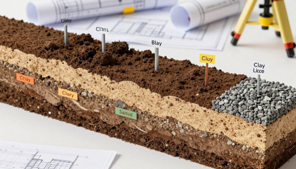 A cross-section illustration showing various types of soil layers and their relation to foundation depth. In the foreground, depict a detailed cutaway view of different soil types such as clay, sand, and gravel, each labeled with clear, distinct colors. In the middle ground, show varying depths of foundations set into these soil layers, illustrating the stability and depth required for each type. The background should feature a construction site setting with building blueprints and surveying equipment, evoking a technical atmosphere. Use bright, even lighting to enhance detail and clarity, and employ a slight downward angle for a comprehensive perspective. The overall mood should be informative and professional, suitable for a technical article. A cross-section illustration showing various types of soil layers and their relation to foundation depth. In the foreground, depict a detailed cutaway view of different soil types such as clay, sand, and gravel, each labeled with clear, distinct colors. In the middle ground, show varying depths of foundations set into these soil layers, illustrating the stability and depth required for each type. The background should feature a construction site setting with building blueprints and surveying equipment, evoking a technical atmosphere. Use bright, even lighting to enhance detail and clarity, and employ a slight downward angle for a comprehensive perspective. The overall mood should be informative and professional, suitable for a technical article.