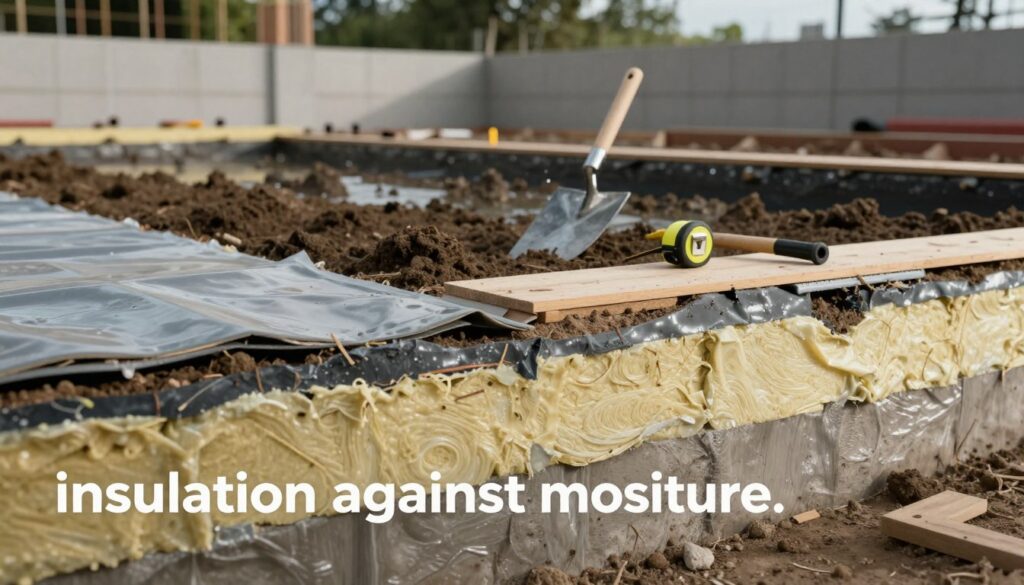 A cross-section of a building foundation showcasing "insulation against moisture." In the foreground, display a detailed view of the insulated foundation, featuring different layers such as waterproof membranes and thermal insulation material. The middle section should depict soil and potential water intrusion sources like rain or groundwater alongside construction tools like a trowel and measuring tape. The background includes a partially constructed wall and trees, indicating a typical construction site atmosphere. Soft, natural lighting highlights the textures of the insulation materials while casting gentle shadows, creating a grounded and professional mood. The angle should be slightly above eye level to capture the depth and dimensionality of the foundation work, emphasizing the importance of moisture protection.