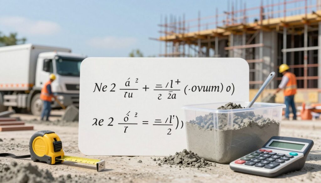 A detailed and visually striking illustration of the formula for calculating concrete volume, prominently featuring the mathematical equation in elegant typography as the foreground element. Surround the equation with professional-grade tools such as a measuring tape, calculator, and a transparent cubic container filled with concrete mix. In the middle ground, display a construction site with cement trucks and workers in professional attire, carefully mixing materials. The background should feature a clear blue sky and scaffolding, creating an industrious and inspiring atmosphere. Use soft, natural lighting to enhance the clarity of the scene, with a slightly elevated angle to capture both the foreground and background elements effectively. The overall mood should convey precision and professionalism in construction. A detailed and visually striking illustration of the formula for calculating concrete volume, prominently featuring the mathematical equation in elegant typography as the foreground element. Surround the equation with professional-grade tools such as a measuring tape, calculator, and a transparent cubic container filled with concrete mix. In the middle ground, display a construction site with cement trucks and workers in professional attire, carefully mixing materials. The background should feature a clear blue sky and scaffolding, creating an industrious and inspiring atmosphere. Use soft, natural lighting to enhance the clarity of the scene, with a slightly elevated angle to capture both the foreground and background elements effectively. The overall mood should convey precision and professionalism in construction.