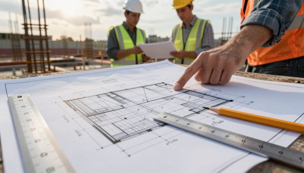 A detailed architectural blueprint showcasing reinforced foundation design, featuring crossed lines and structural annotations that highlight dimensions and reinforcement bars. In the foreground, include a high-resolution close-up of a section of the blueprint, with a ruler and a pencil for scale. The middle ground shows workers in professional attire, discussing the plans, pointing at key areas with focused expressions. The background features a partially constructed building site with steel rebar and foundation forms, illuminated by soft afternoon sunlight filtering through the clouds, creating a balanced and professional atmosphere. The angle should be slightly elevated to capture depth and detail, maintaining a clear and informative focus on the blueprint's elements.