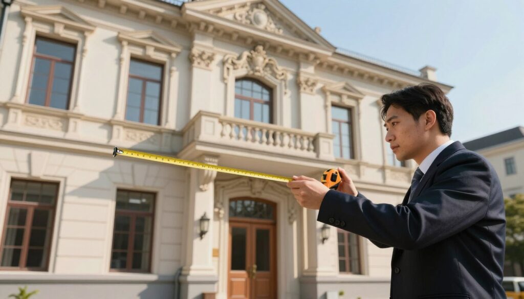 A detailed architectural scene depicting the process of measuring the width of a building's front elevation. In the foreground, a professional figure wearing business attire is holding a measuring tape against the facade, showing a focused expression. The middle layer features the building's ornate front elevation, showcasing architectural details like windows, doors, and decorative elements in warm daylight. In the background, a clear blue sky enhances the visual appeal, while soft shadows add depth. The scene is well-lit, with sunlight casting gentle highlights on the building's surfaces. The overall atmosphere conveys precision and professionalism, underscoring the importance of accurate measurements in architectural planning.
