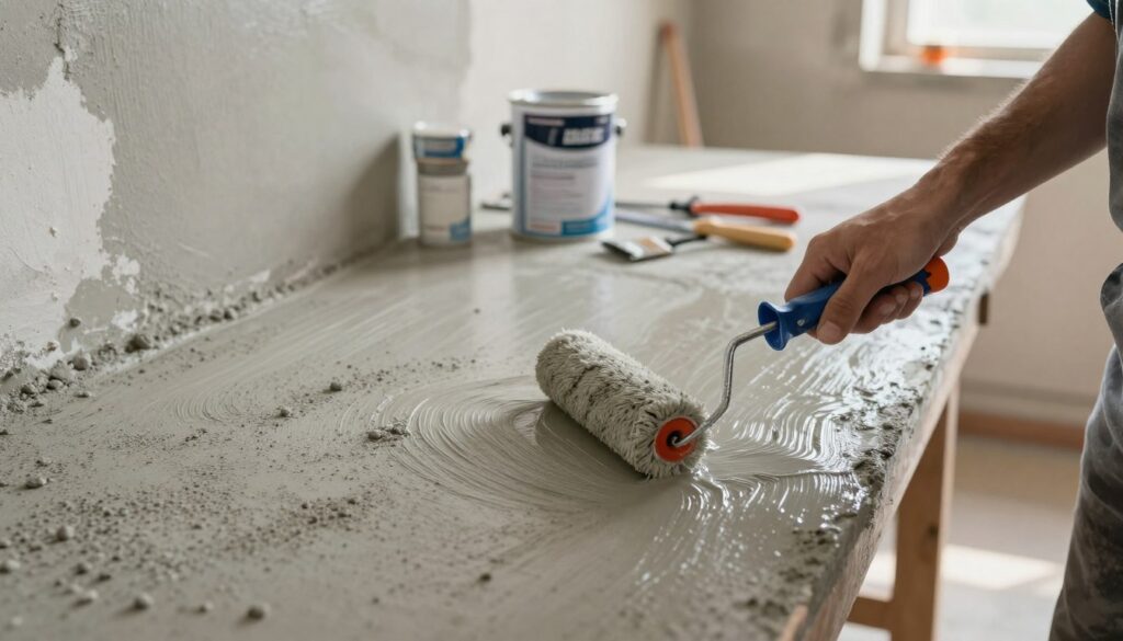 A detailed close-up of a freshly prepared concrete surface undergoing priming, with a focus on the texture and granularity of the concrete, showcasing the gritty surface to emphasize its readiness for paint adhesion. In the foreground, a professional painter in modest attire is applying a clear primer using a roller brush, with visible strokes demonstrating the effective bonding process. The middle layer depicts the can of primer with the label clearly visible, surrounded by painting tools. The background features a partially completed wall, bathed in warm, natural light, highlighting the color contrast between the primer and the raw concrete. A sense of focus and professionalism pervades the scene, emphasizing the importance of proper surface preparation for paint adhesion.