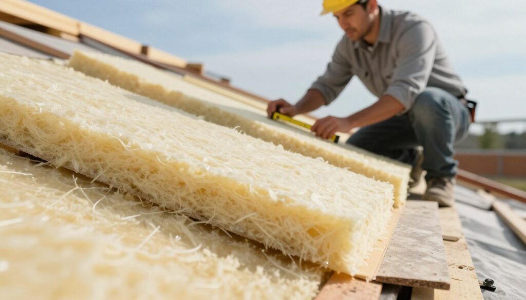 A detailed close-up view of a roof insulation system, showcasing various layers of thermal insulation materials. In the foreground, display a cross-section where the insulation is visible, highlighting its thickness and texture, such as fiberglass and foam boards. In the middle ground, display a professional looking engineer in modest casual attire examining the insulation with a measuring tool. The background features a partially constructed roof with beams and a bright blue sky, emphasizing construction and renovation. Use soft natural lighting to enhance the textures of the materials and create a focused, informative atmosphere. The image should convey a sense of expertise and attention to detail without any text or distractions. A detailed close-up view of a roof insulation system, showcasing various layers of thermal insulation materials. In the foreground, display a cross-section where the insulation is visible, highlighting its thickness and texture, such as fiberglass and foam boards. In the middle ground, display a professional looking engineer in modest casual attire examining the insulation with a measuring tool. The background features a partially constructed roof with beams and a bright blue sky, emphasizing construction and renovation. Use soft natural lighting to enhance the textures of the materials and create a focused, informative atmosphere. The image should convey a sense of expertise and attention to detail without any text or distractions.