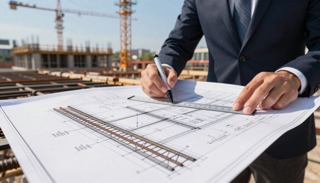 A detailed construction project blueprint prominently displaying structural foundations with visible reinforcement details. In the foreground, highlight a section of the blueprint showcasing a detailed view of rebar placement, including dimensions and material specifications. In the middle ground, a professional engineer in business attire studies the plans, using a ruler and a marker to indicate measurements on the paper. The background features a construction site with partially constructed foundations and cranes against a clear blue sky, casting natural light. Use a shallow depth of field to keep the focus on the blueprint and the engineer while slightly blurring the background, conveying a professional and technical atmosphere. A detailed construction project blueprint prominently displaying structural foundations with visible reinforcement details. In the foreground, highlight a section of the blueprint showcasing a detailed view of rebar placement, including dimensions and material specifications. In the middle ground, a professional engineer in business attire studies the plans, using a ruler and a marker to indicate measurements on the paper. The background features a construction site with partially constructed foundations and cranes against a clear blue sky, casting natural light. Use a shallow depth of field to keep the focus on the blueprint and the engineer while slightly blurring the background, conveying a professional and technical atmosphere.