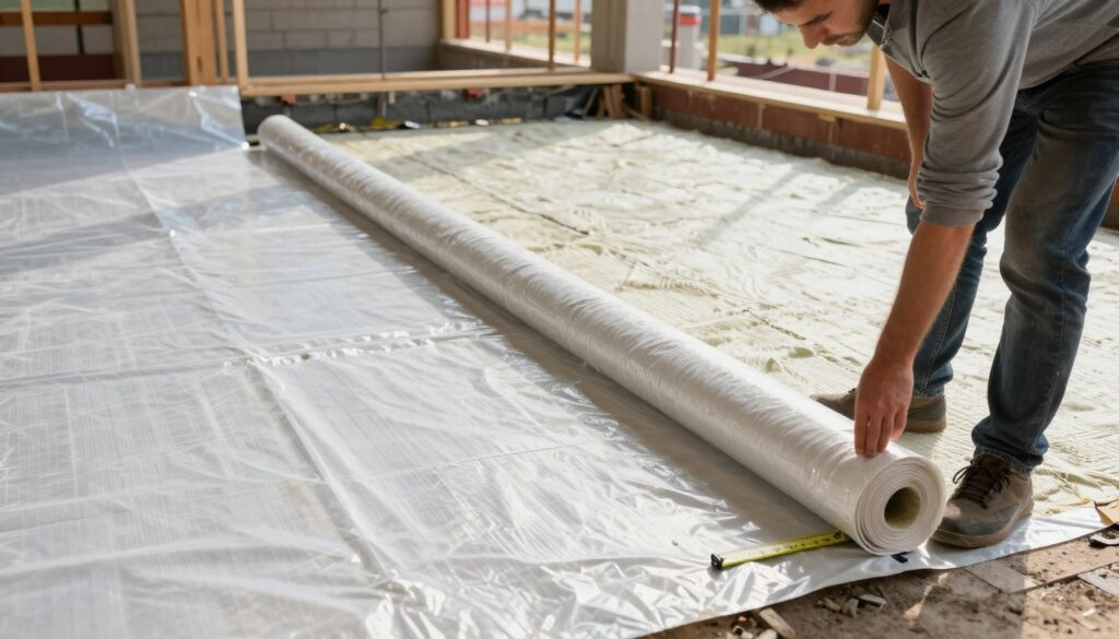 A detailed construction scene highlighting two methods of foundation insulation: a bright and neatly organized area showcasing the use of plastic sheeting (folia) on one side, and a contrasting section with rolled roofing felt (papa) spread out on the other. In the foreground, a professional worker, dressed in modest casual clothing, carefully measures the foundation while inspecting each insulation method. The middle ground reveals textured surfaces of the foundation and insulation materials, emphasizing their differences. In the background, a partially finished building structure is visible under natural daylight, casting soft shadows that create a focused yet informative atmosphere. The scene encapsulates a sense of deliberation and clarity, suitable for an educational context.