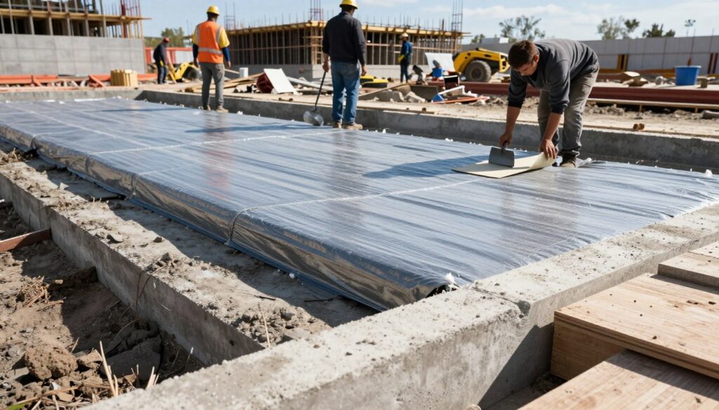 A detailed construction scene showcasing horizontal foundation insulation against moisture rising from the ground. In the foreground, a close-up view of a freshly laid foundation, with clear physical features such as concrete blocks and waterproof membranes. The middle ground reveals skilled workers in professional attire applying insulation materials, showcasing specific tools like trowels and insulation sheets. In the background, elements of a building framework rise, surrounded by construction debris and equipment. The lighting is bright and natural, emphasizing a sunny day. The angle captures a dynamic perspective, inviting viewers into the construction zone, conveying a sense of diligence and professionalism in protecting foundations from dampness and damage. The overall mood is industrious and hopeful, emphasizing the proactive steps taken for long-lasting structural integrity.