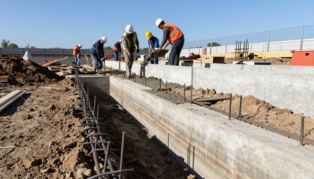 A detailed construction site featuring a concrete fence foundation digging process. In the foreground, a partially dug trench reveals steel reinforcement bars tied at intervals, showing the meticulous groundwork. In the middle ground, workers dressed in safety gear and professional attire are pouring concrete into the trench, highlighting the teamwork involved. The background showcases a clear blue sky and the distant outline of a fence being erected. The scene is illuminated by natural daylight, enhancing the texture of the soil and the steel. Capture the atmosphere of focused labor and precision during this essential construction step.