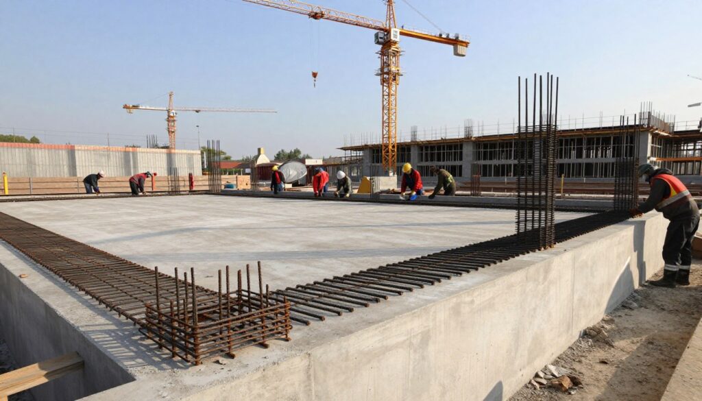 A detailed construction site featuring a reinforced concrete foundation slab in the foreground, showcasing intricate rebar arrangements and steel reinforcements. The middle ground highlights workers in professional attire meticulously measuring and installing rebar, demonstrating teamwork in a focused environment. The background features a large construction crane and unfinished building structures under a clear blue sky, creating a sense of scale and progress. Soft natural lighting enhances the industrial atmosphere, casting subtle shadows and highlights on the concrete surface. The angle captures a slightly elevated view, providing depth to the scene and emphasizing the importance of precision in foundation reinforcement. The overall mood conveys diligence and expertise in construction practices, reflecting the significance of adequate steel reinforcement in foundational work. A detailed construction site featuring a reinforced concrete foundation slab in the foreground, showcasing intricate rebar arrangements and steel reinforcements. The middle ground highlights workers in professional attire meticulously measuring and installing rebar, demonstrating teamwork in a focused environment. The background features a large construction crane and unfinished building structures under a clear blue sky, creating a sense of scale and progress. Soft natural lighting enhances the industrial atmosphere, casting subtle shadows and highlights on the concrete surface. The angle captures a slightly elevated view, providing depth to the scene and emphasizing the importance of precision in foundation reinforcement. The overall mood conveys diligence and expertise in construction practices, reflecting the significance of adequate steel reinforcement in foundational work.