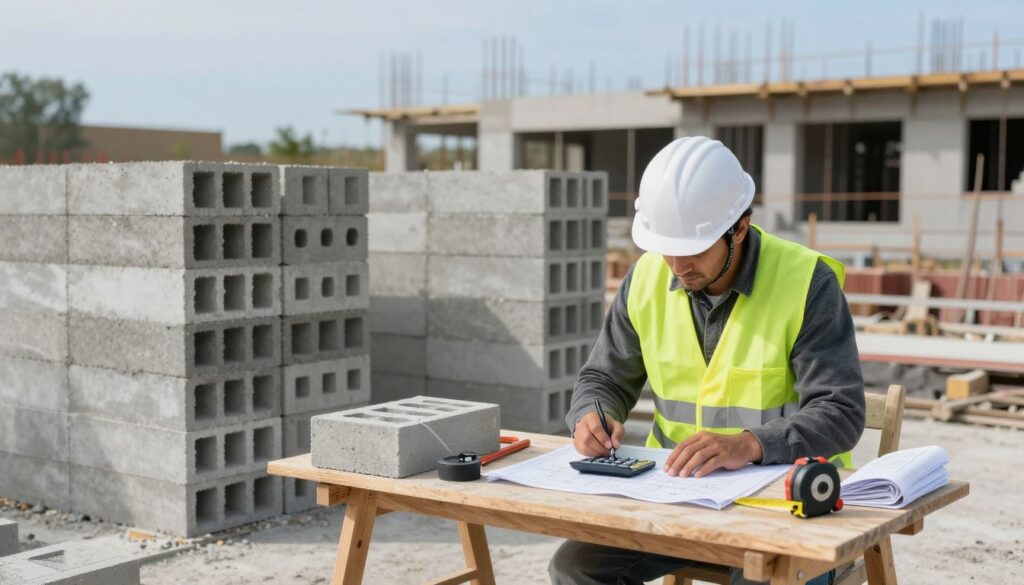 A detailed construction site focusing on calculating the number of concrete blocks needed for foundation walls. In the foreground, a construction worker in a hard hat and safety vest is using a calculator and measuring tape, evaluating dimensions on a blueprint. The worker is positioned at a sturdy wooden table filled with concrete blocks, tools, and a measuring wheel. In the middle ground, several stacks of concrete blocks are neatly arranged, showcasing their texture and pattern. The background features a partially constructed building with exposed concrete and foundation work, under a clear blue sky. Soft natural lighting illuminates the scene, creating a calm and focused atmosphere, with a slight depth of field to emphasize the worker's calculations. A detailed construction site focusing on calculating the number of concrete blocks needed for foundation walls. In the foreground, a construction worker in a hard hat and safety vest is using a calculator and measuring tape, evaluating dimensions on a blueprint. The worker is positioned at a sturdy wooden table filled with concrete blocks, tools, and a measuring wheel. In the middle ground, several stacks of concrete blocks are neatly arranged, showcasing their texture and pattern. The background features a partially constructed building with exposed concrete and foundation work, under a clear blue sky. Soft natural lighting illuminates the scene, creating a calm and focused atmosphere, with a slight depth of field to emphasize the worker's calculations.