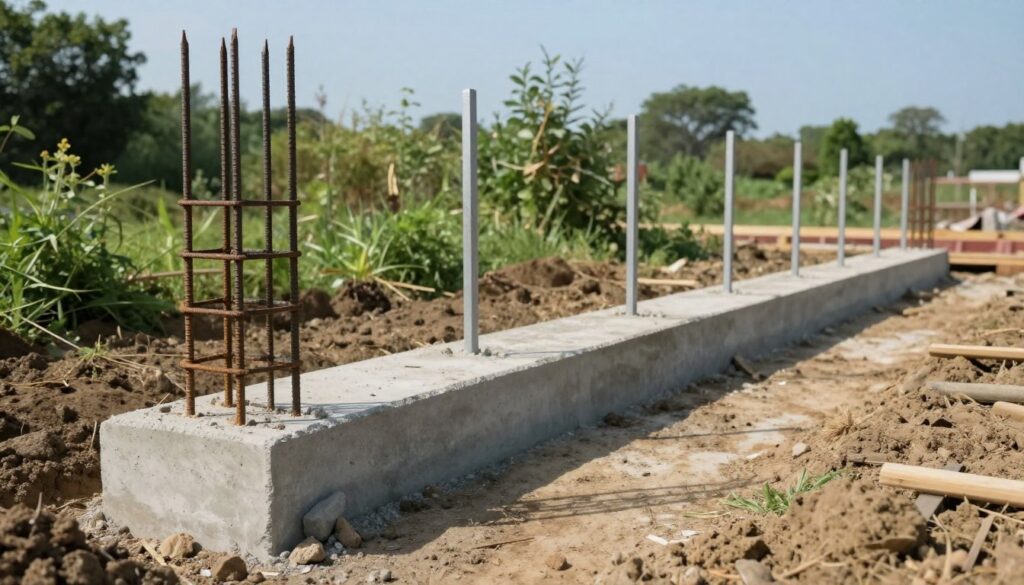 A detailed construction site showcasing two types of fence foundations: a point foundation and a continuous foundation. In the foreground, highlight the point foundation with concrete footings and rebar, meticulously placed to support a post. The middle ground features a continuous foundation, demonstrating a trench filled with concrete, connecting multiple posts in an orderly manner. Surrounding the site, lush greenery and soft earth tones depict the natural environment. The background has a clear blue sky, symbolizing an optimal working day. Soft sunlight casts gentle shadows, enhancing depth and realism. The atmosphere is calm and professional, emphasizing precision in construction methods. The shot is at a slight angle to capture both foundation types in clear detail without distractions or human figures.