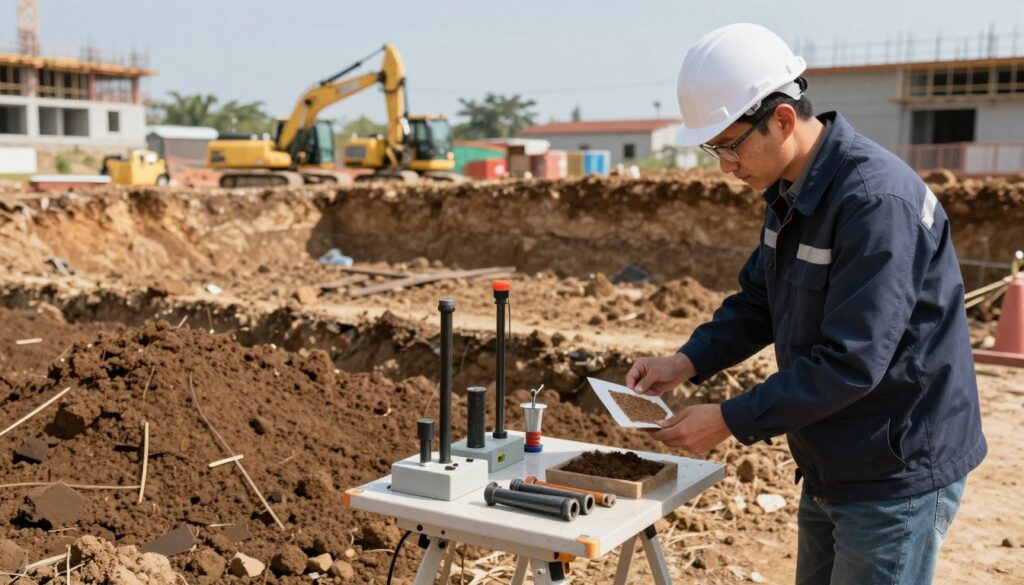 A detailed geotechnical investigation scene for foundation assessment, featuring an engineer in professional attire examining soil samples. In the foreground, various testing equipment such as soil augers and core samples lay on a tripod table. The middle ground shows an excavated area with layers of soil, revealing different textures. In the background, construction machinery and a partially constructed building site are visible, under a clear blue sky. Soft natural lighting highlights the textures of the soil and the professionalism of the engineer, creating an atmosphere of diligent research and preparation. The scene captures the essence of assessing soil stability for foundation depth decisions, with a focus on the geotechnical process. A detailed geotechnical investigation scene for foundation assessment, featuring an engineer in professional attire examining soil samples. In the foreground, various testing equipment such as soil augers and core samples lay on a tripod table. The middle ground shows an excavated area with layers of soil, revealing different textures. In the background, construction machinery and a partially constructed building site are visible, under a clear blue sky. Soft natural lighting highlights the textures of the soil and the professionalism of the engineer, creating an atmosphere of diligent research and preparation. The scene captures the essence of assessing soil stability for foundation depth decisions, with a focus on the geotechnical process.
