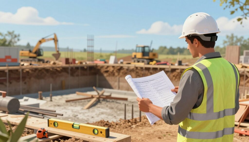 A detailed illustration depicting factors affecting the costs of house foundations. In the foreground, a construction worker in a hard hat, wearing a safety vest and holding blueprints, stands analyzing the site. The middle ground features a partially excavated foundation pit with visible materials like concrete and rebar scattered around. Various construction tools, like a level and measuring tape, are visible, conveying an ongoing building project. The background shows a clear blue sky, with a few clouds, and distant construction equipment at work. Use warm, natural lighting to reflect an active workday, giving the scene a diligent and professional atmosphere. A slight depth of field blur adds focus to the worker, emphasizing the importance of planning in foundation costs.