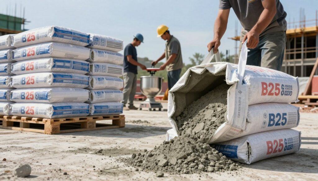 A detailed, realistic depiction of a construction site featuring bags of B25 concrete mix stacked orderly on pallets. In the foreground, a large open bag of concrete is shown, with the powder spilling slightly onto the ground, emphasizing the texture and quality of the mix. In the middle ground, workers in professional attire are measuring the concrete, using tools like a scale and a mixer, visible in the scene. On the background, a clear blue sky complements the busy atmosphere of the site, with construction machinery and partially constructed structures. Soft, natural lighting highlights the scene, casting gentle shadows, creating a professional yet dynamic ambiance that reflects the theme of concrete mixture performance.